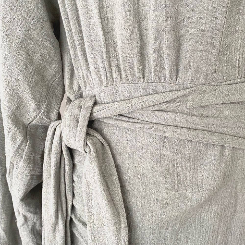 Free People Sage Green Open Back Long Sleeve Mini Dress Tie Belt Buttons closer - Picture 6 of 16